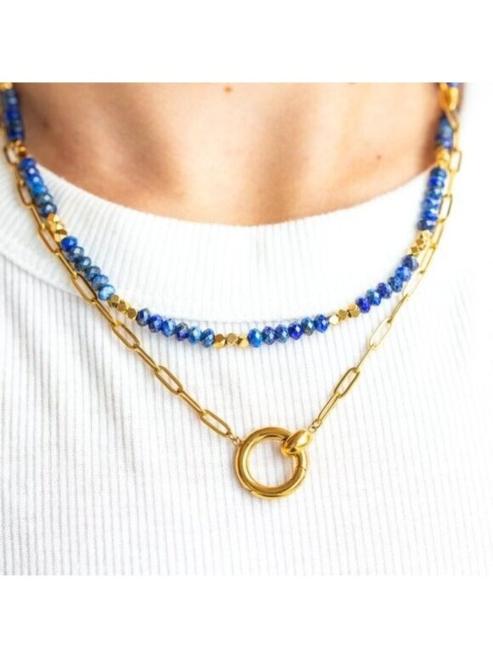 Blue Gemstone Lapis Lazuli Beaded Necklace Waterproof Gold Blue Necklace